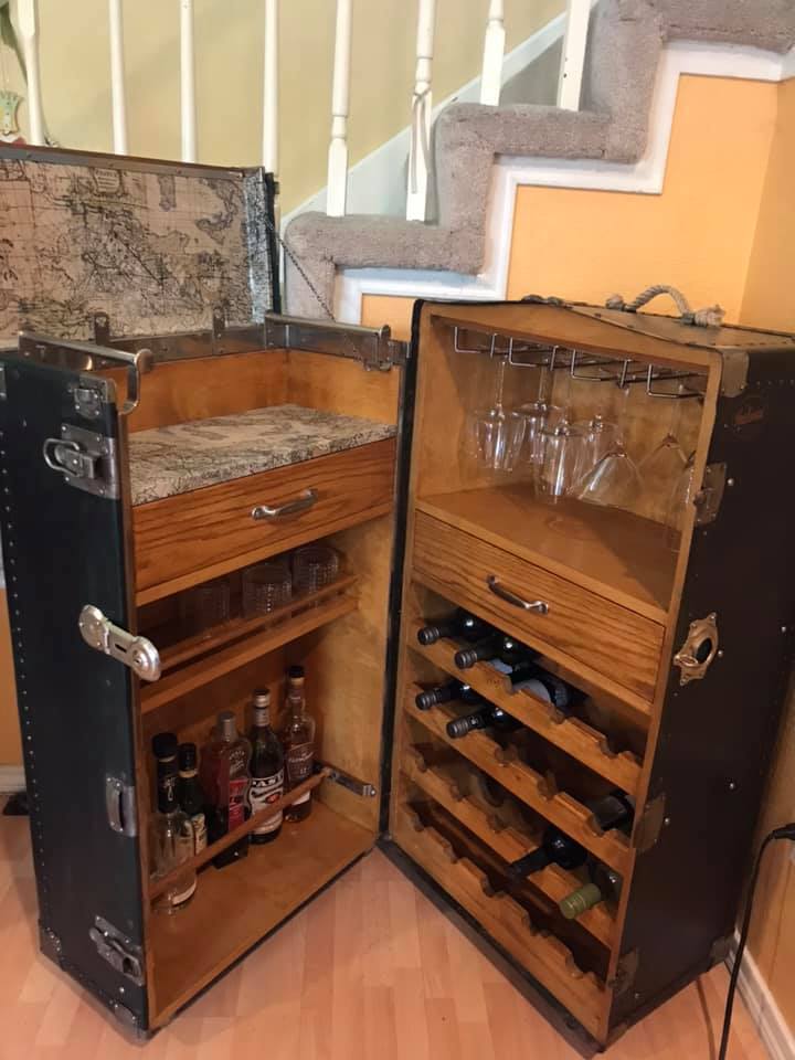 1925 Wardrobe Steamer Trunk conversion is finally done. Wine bar and liquor cabinet (3)
